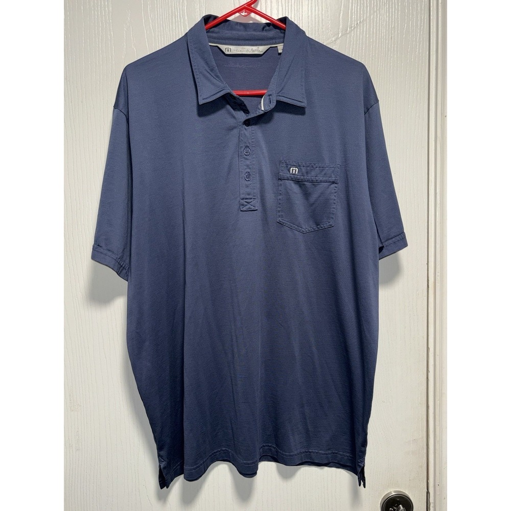 Travis Mathew Cotton Poly Blend Blue Chest Pocket Polo Golf Shirt Men's Size XXL